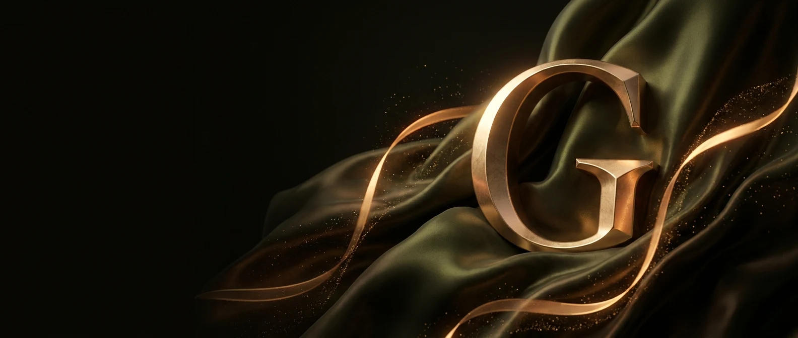 A golden letter 'G' with flowing fabric and sparkles represents Gurshaan Sandhu.